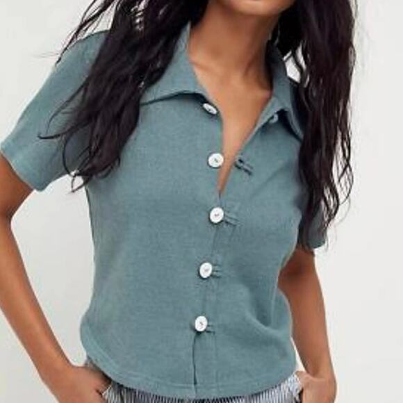 Free People Beach Textured Button Down Polo Top - Picture 1 of 7